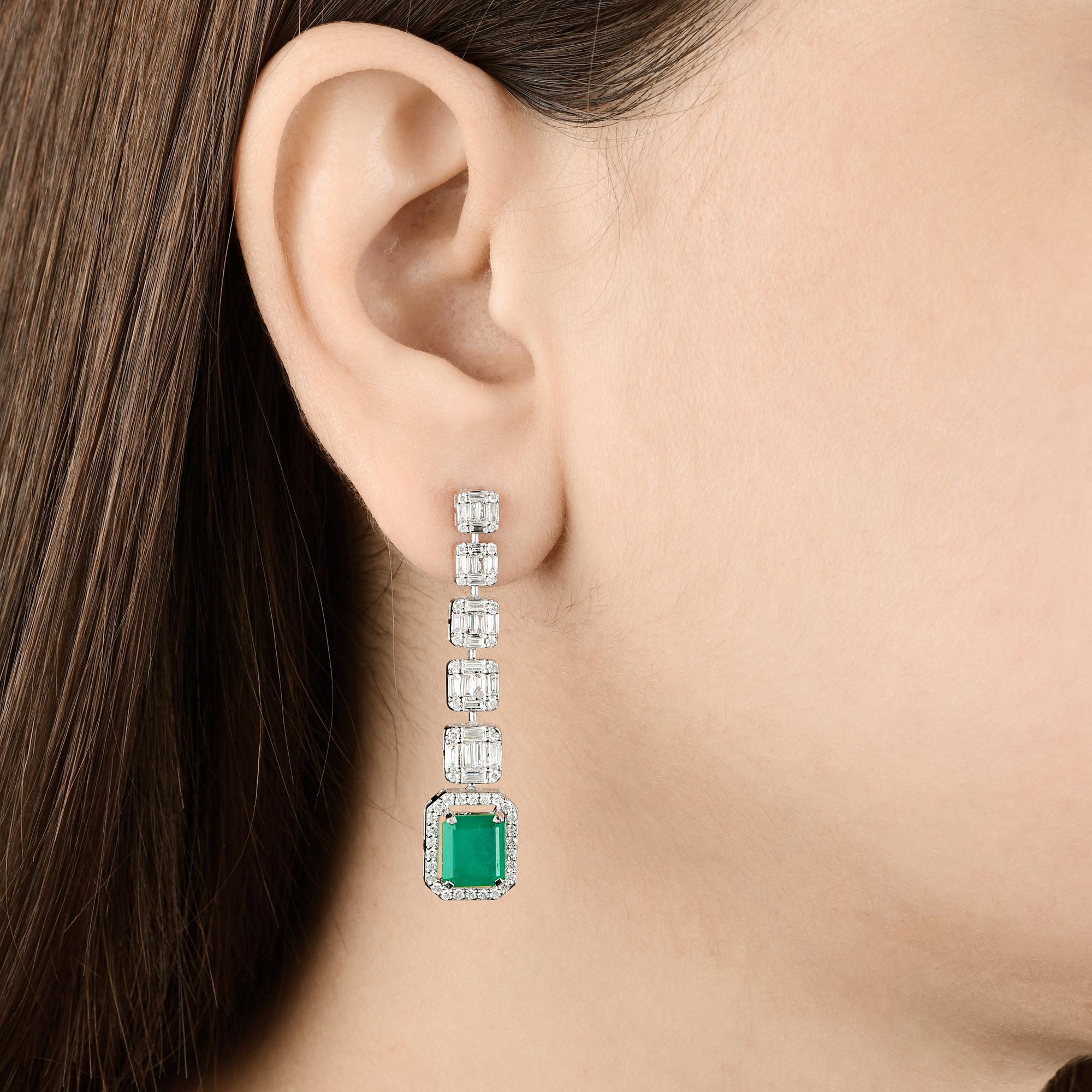 Baguette Cut Green Processed Gemstone Dangle Earrings Baguette Diamond 18 Kt White Gold For Sale