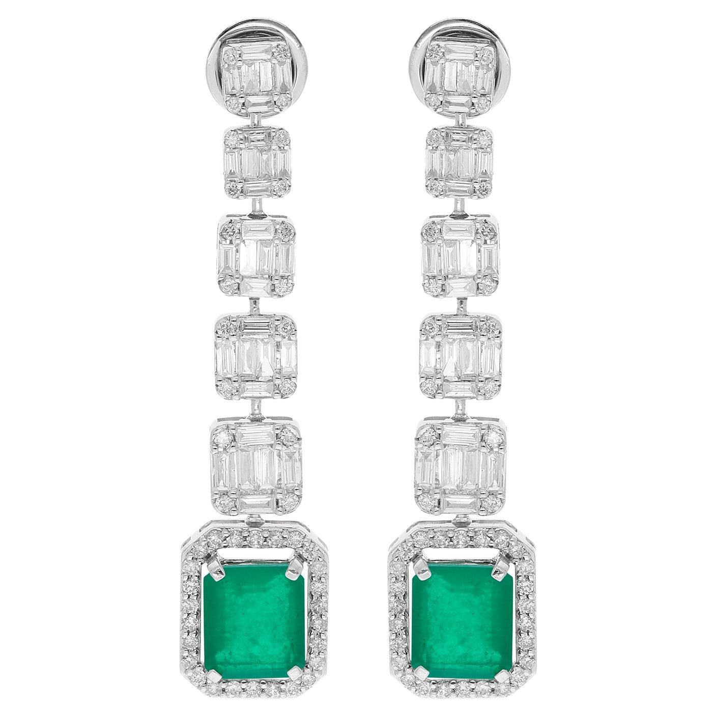 Green Processed Gemstone Dangle Earrings Baguette Diamond 18 Kt White Gold