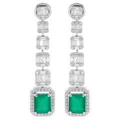 Green Processed Gemstone Dangle Earrings Baguette Diamond 18 Kt White Gold