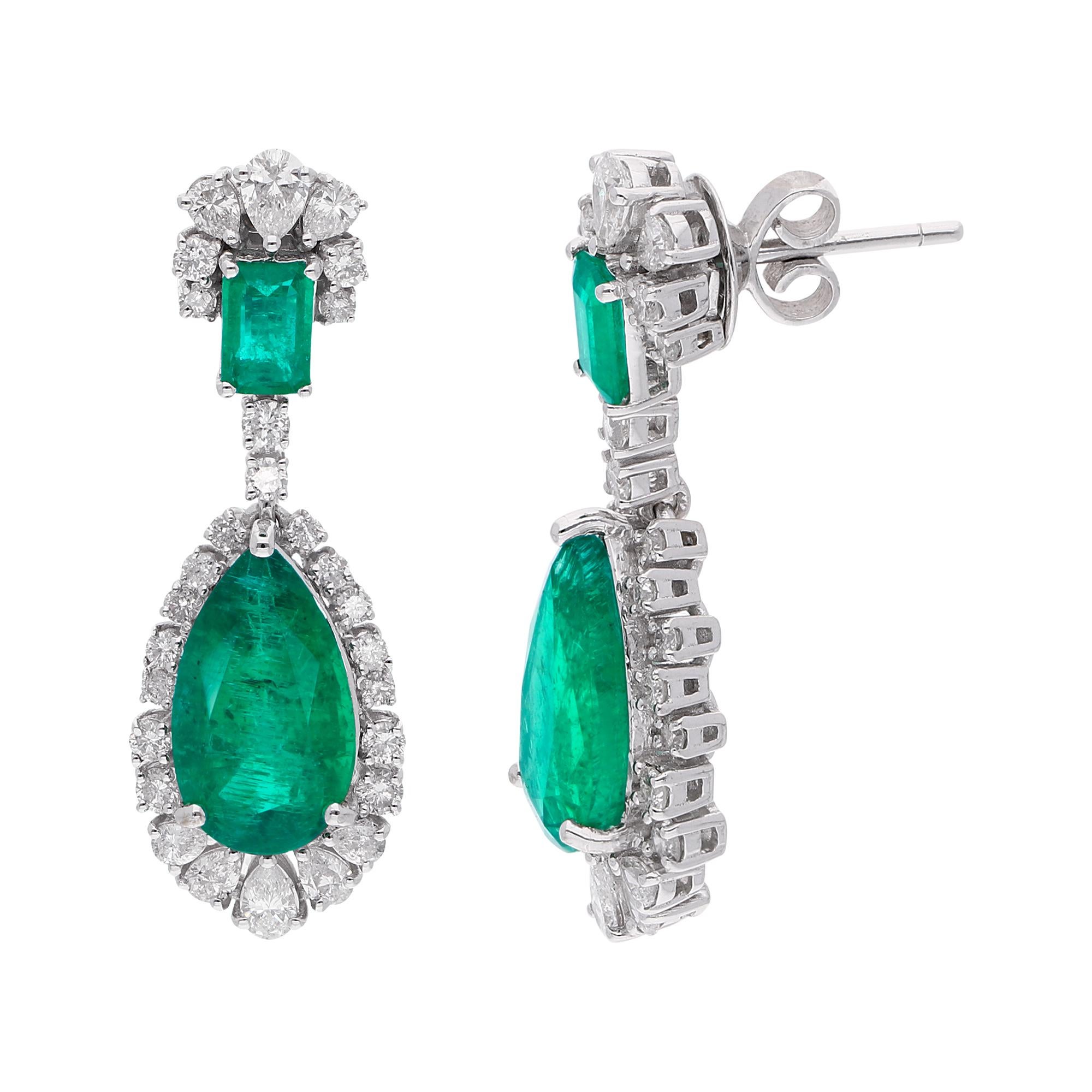 Modern 7.20 Carat Emerald Gemstone Dangle Earrings 1.93 Ct Diamond 14 Karat White Gold For Sale