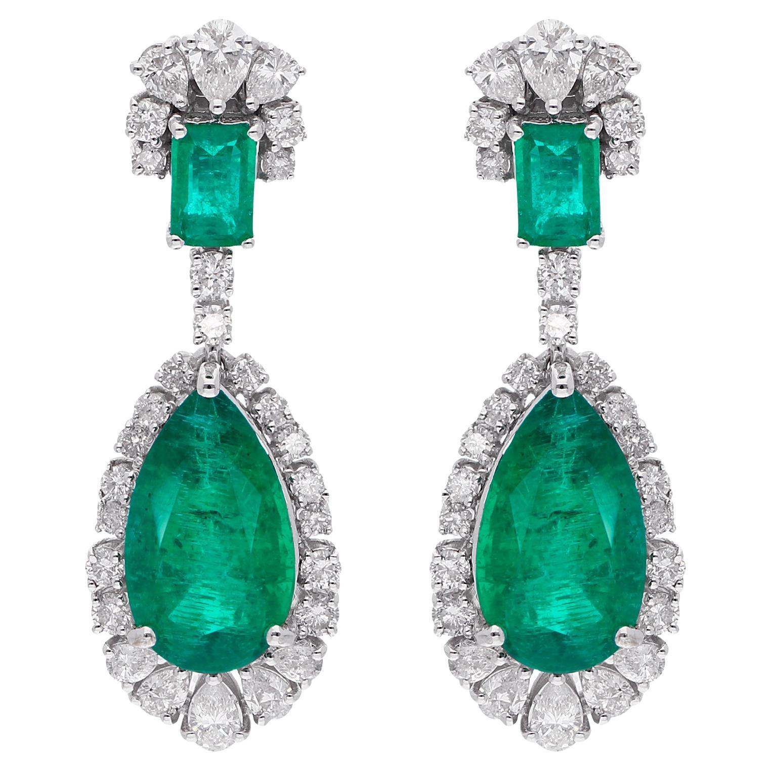 7.20 Carat Emerald Gemstone Dangle Earrings 1.93 Ct Diamond 14 Karat White Gold For Sale