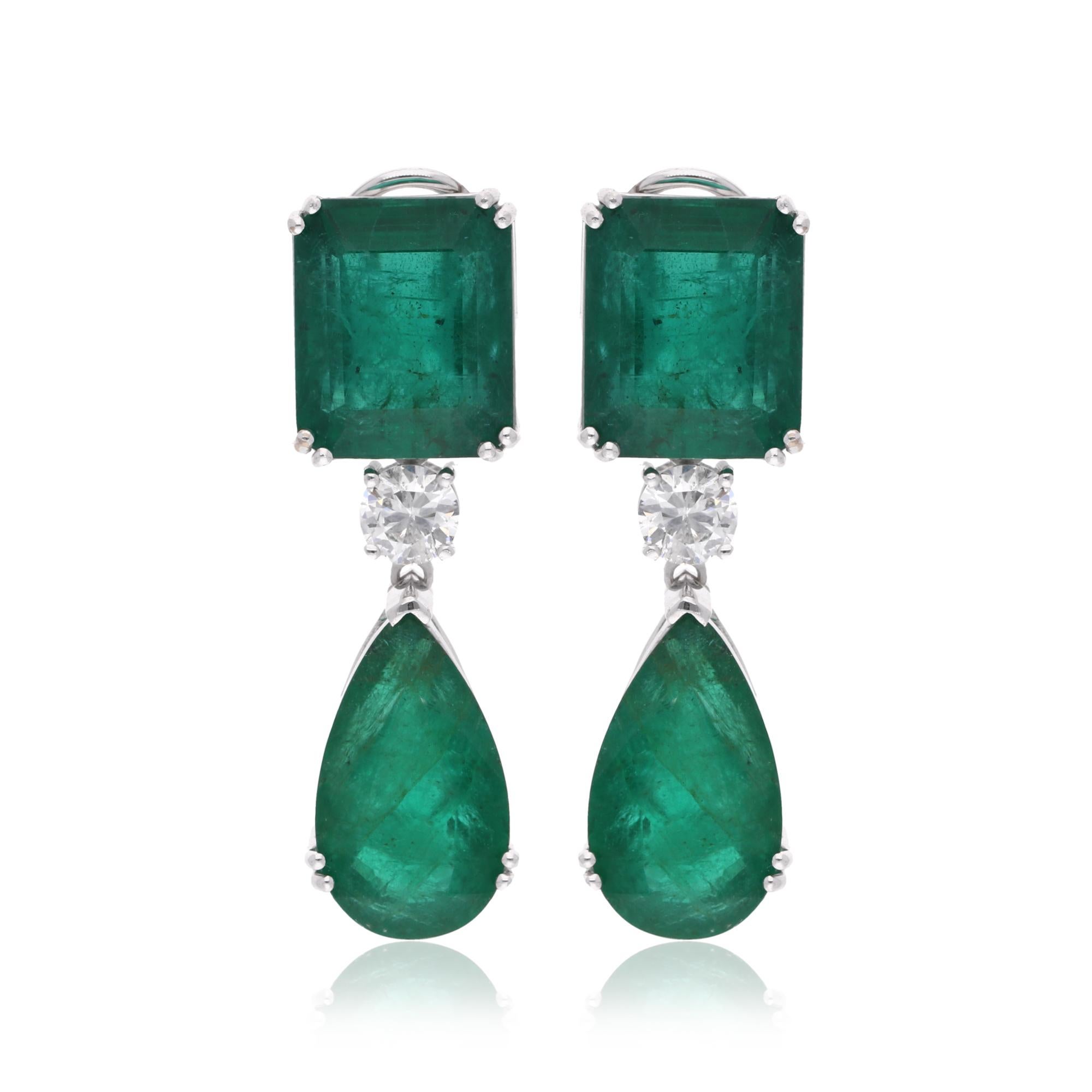 Natural Emerald Gemstone Dangle Earrings Diamond 18 Karat White Gold Jewelry