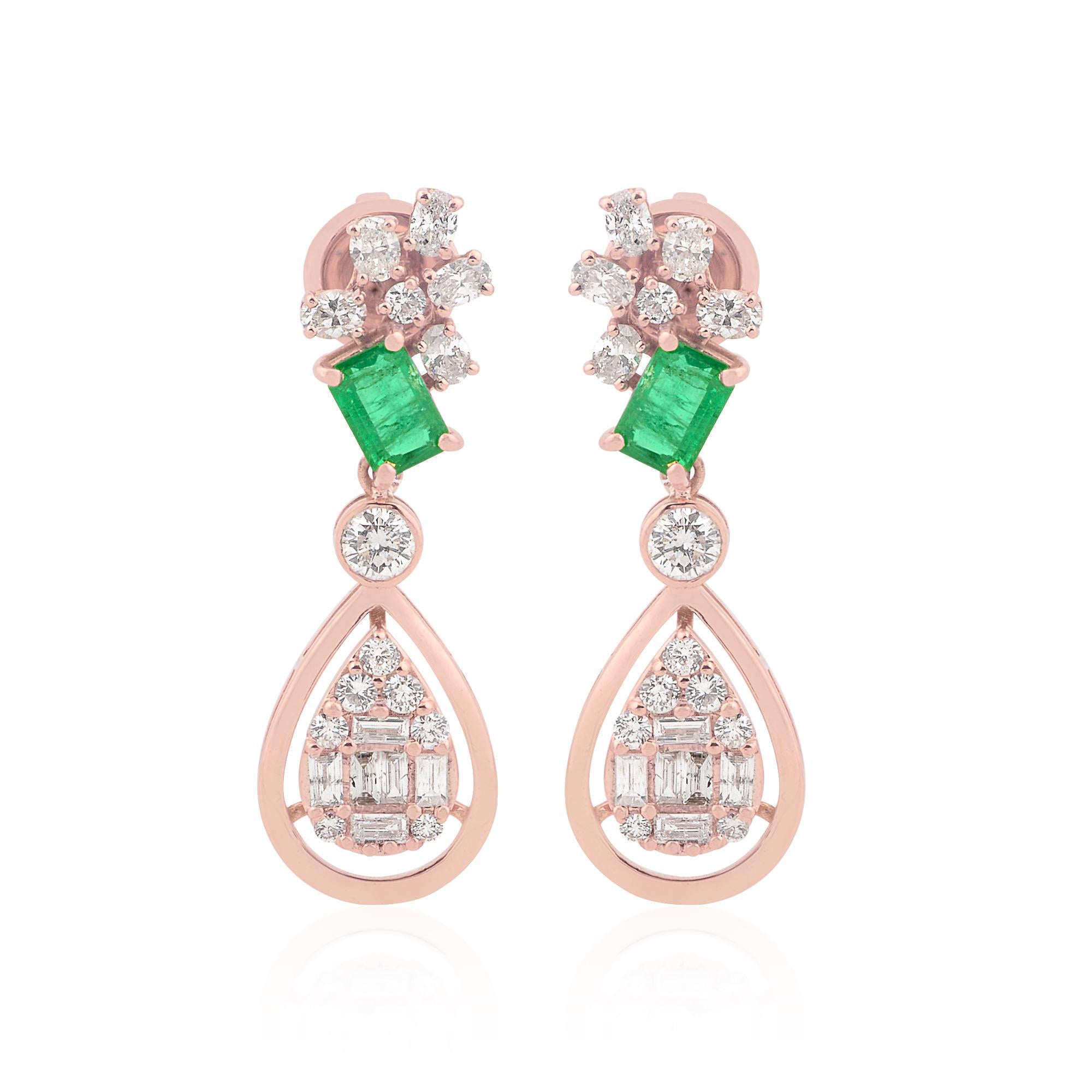 Item Code :- SEE-1814
Gross Wt. :- 6.34 gm
18k Rose Gold Wt. :- 5.83 gm
Diamond Wt. :- 1.60 ct.  ( AVERAGE DIAMOND CLARITY SI1-SI2 & COLOR H-I )
Emerald Wt. :- 0.96 ct.
Earrings Size :- 31x10 mm approx.
✦ Sizing
.....................
We can adjust