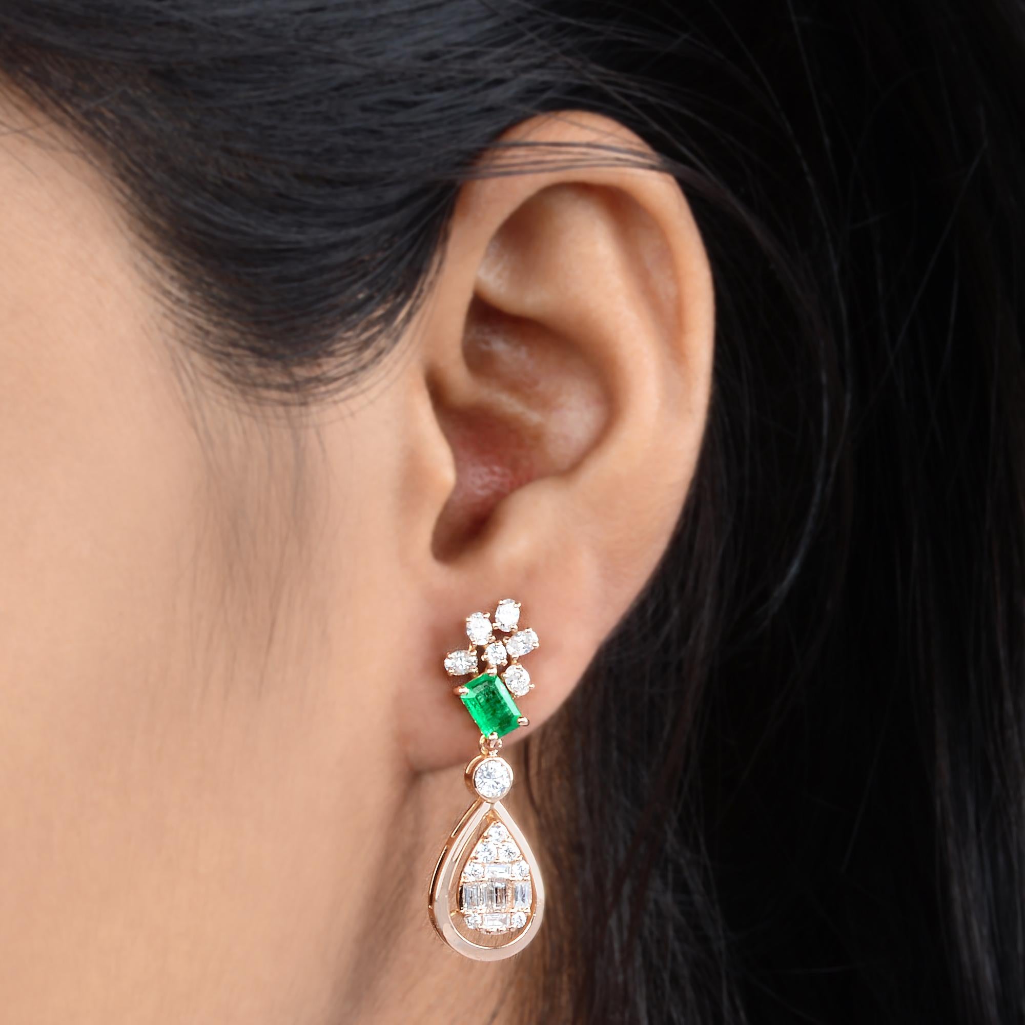 Round Cut Natural Emerald Gemstone Dangle Earrings Diamond Pave 18k Rose Gold Fine Jewelry For Sale