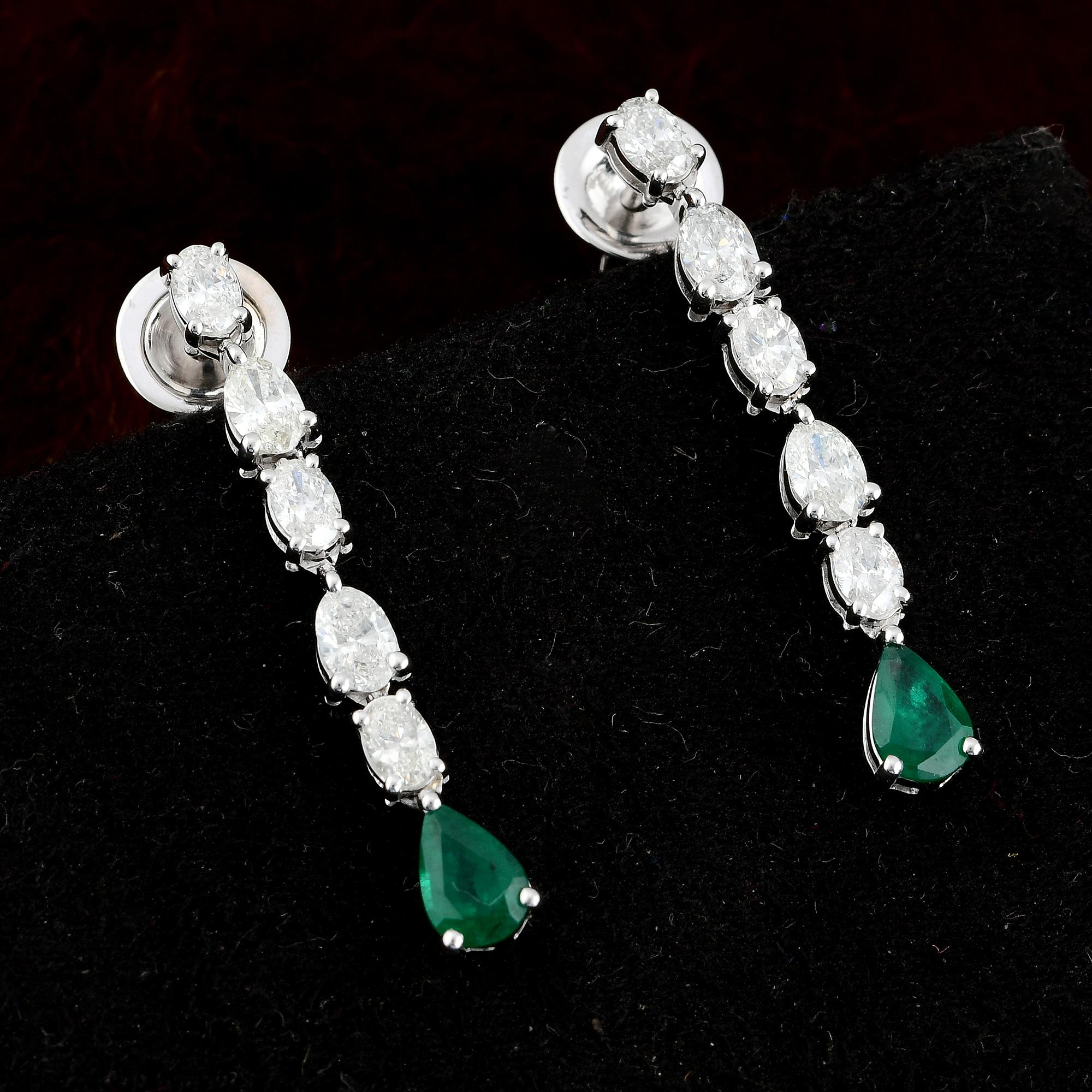 Modern Natural Emerald Gemstone Dangle Earrings Oval Diamond 14 Karat White Gold For Sale