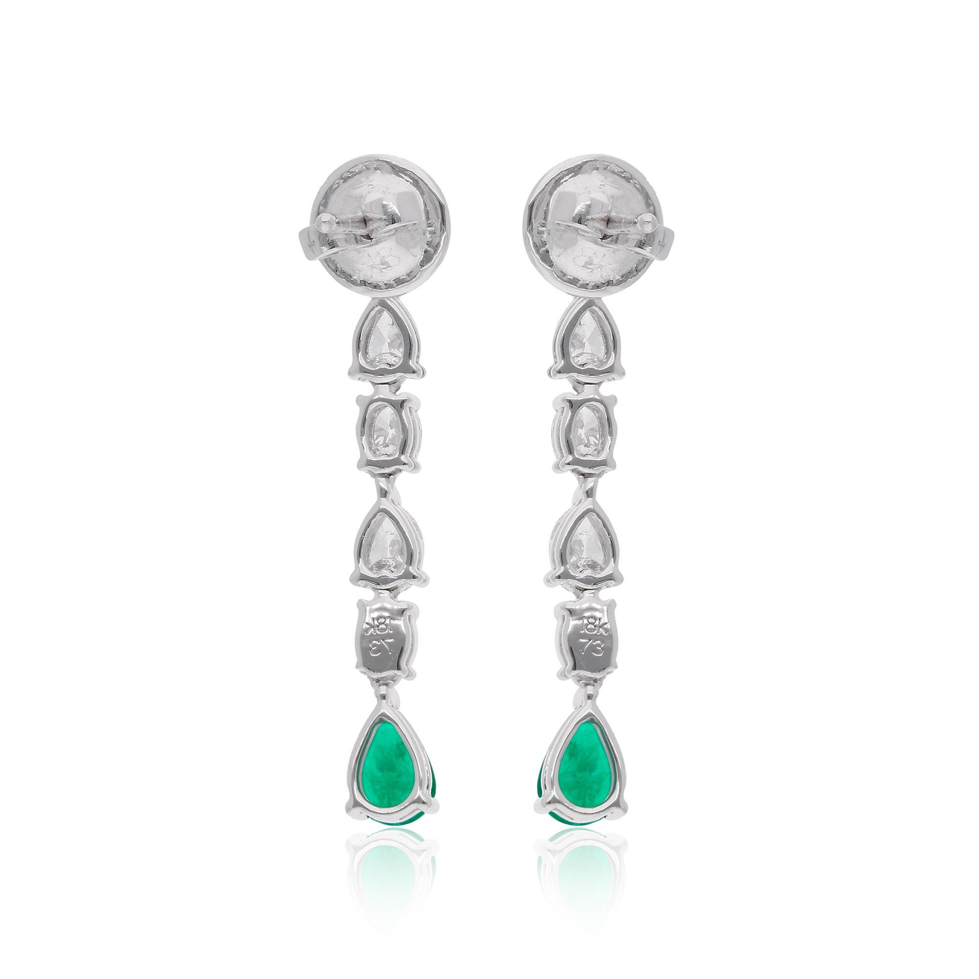 Women's Natural Emerald Gemstone Dangle Earrings Oval Diamond 14 Karat White Gold For Sale