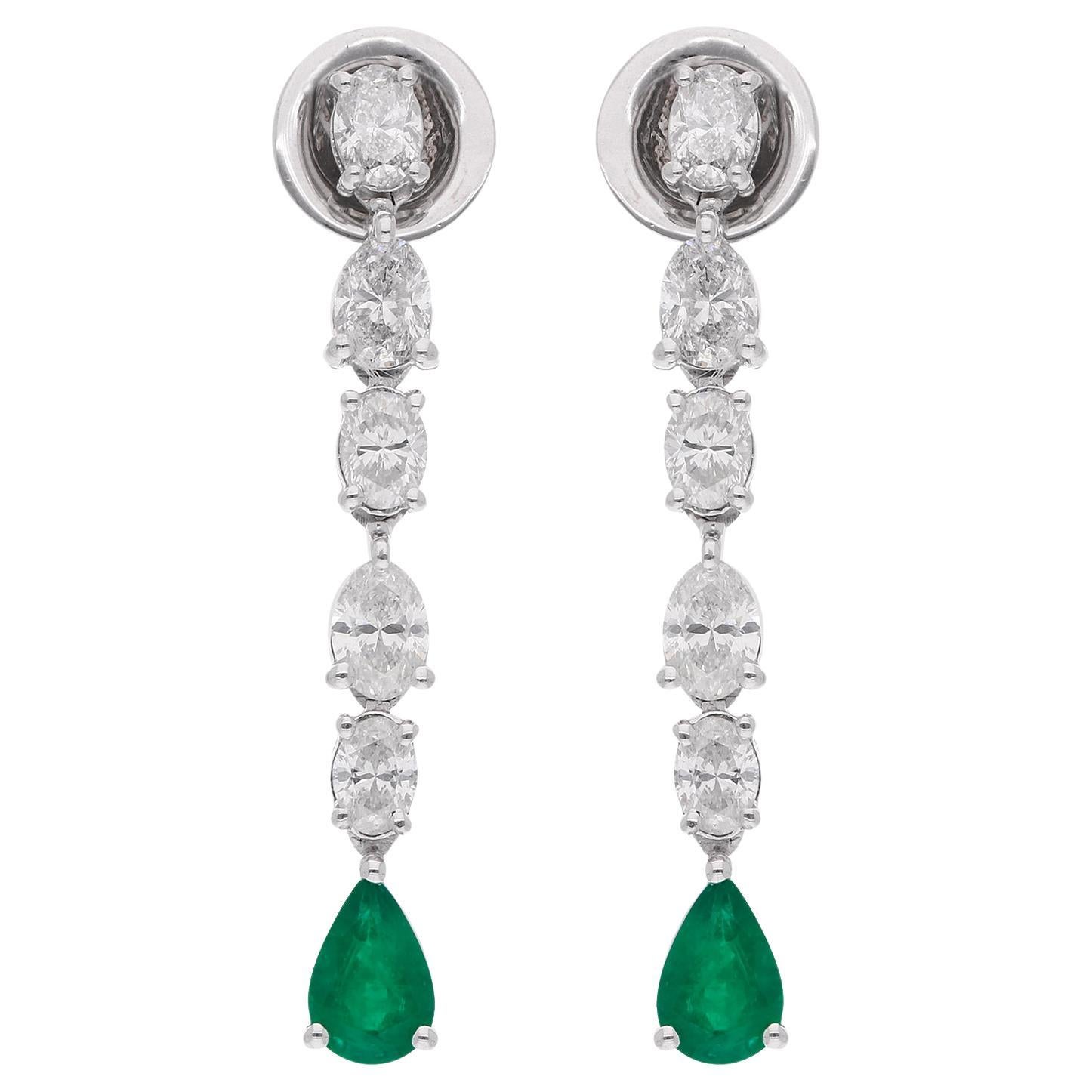 Natural Emerald Gemstone Dangle Earrings Oval Diamond 14 Karat White Gold For Sale