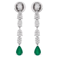 Natural Emerald Gemstone Dangle Earrings Oval Diamond 14 Karat White Gold