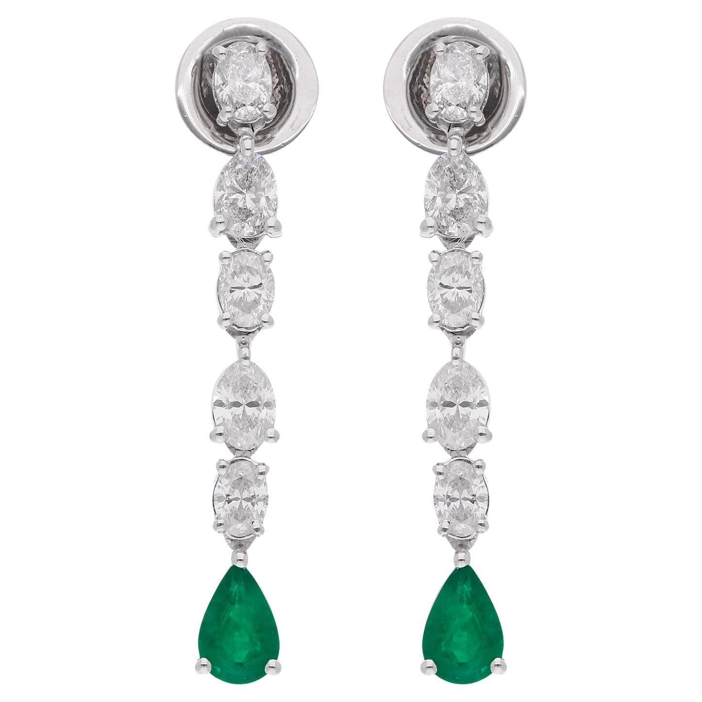 Natural Emerald Gemstone Dangle Earrings Oval Diamond 18 Karat White Gold