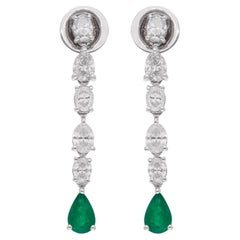 Natural Emerald Gemstone Dangle Earrings Oval Diamond 18 Karat White Gold