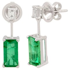Nature Emerald Gemstone Dangle Ears Solid 18k White Gold Diamond Jewelry (Boucles d'oreilles pendantes en émeraude naturelle)