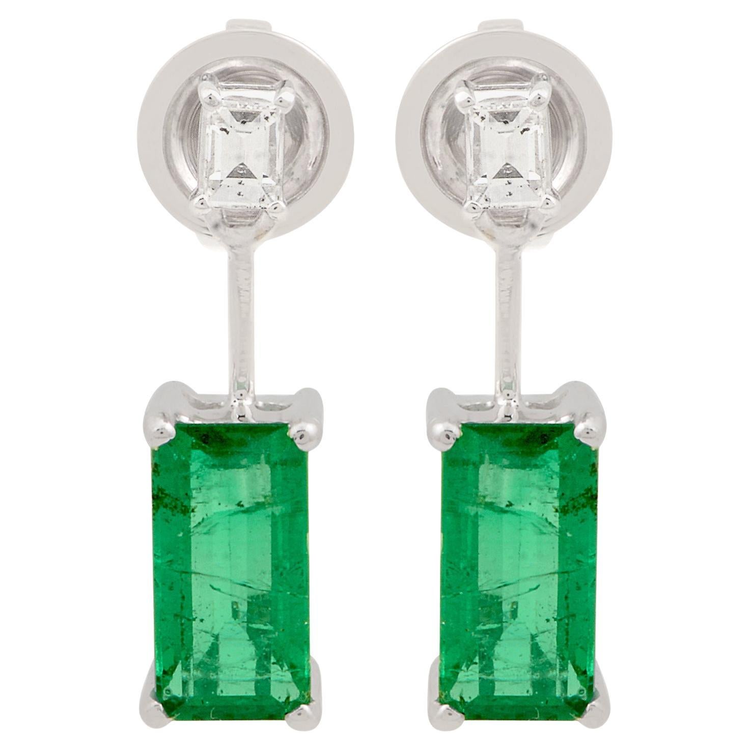 Pendientes colgantes de esmeralda natural Oro blanco macizo de 18k Joyas con diamantes