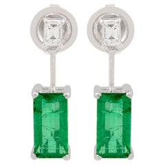 Pendientes colgantes de esmeralda natural Oro blanco macizo de 18k Joyas con diamantes