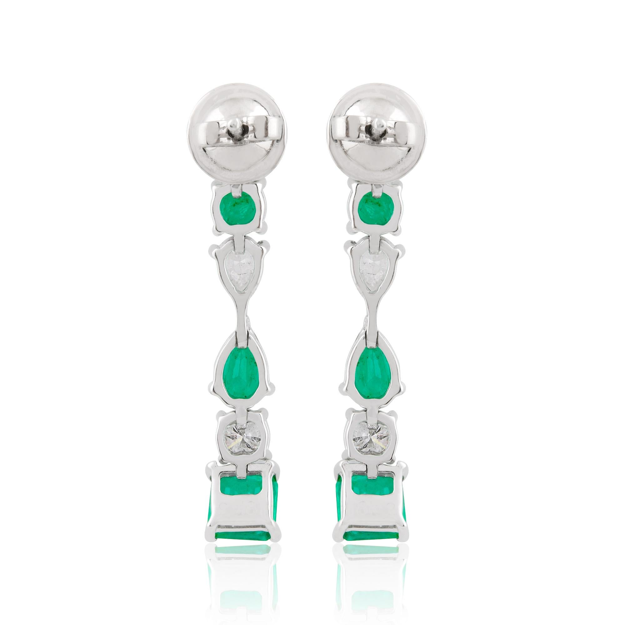 Women's Natural Emerald Gemstone Dangle Earrings Trillion Diamond Solid 14k White Gold For Sale