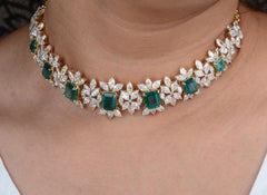 Natural Emerald Gemstone Diamond Choker Necklace 14 Karat White Gold Jewelry