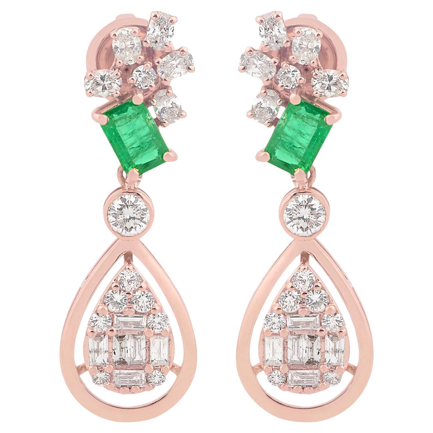 Natural Emerald Gemstone Diamond Dangle Drop Earrings 14 Karat Rose Gold