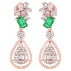 Natural Emerald Gemstone Diamond Dangle Drop Earrings 18 Karat Rose Gold