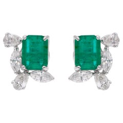 Natürlicher Smaragd Edelstein Diamant Eingerahmte Ohrstecker 18 Karat Weißgold