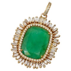 Natural Emerald Gemstone Diamond Pendant Solid 14K Yellow Gold Pendant