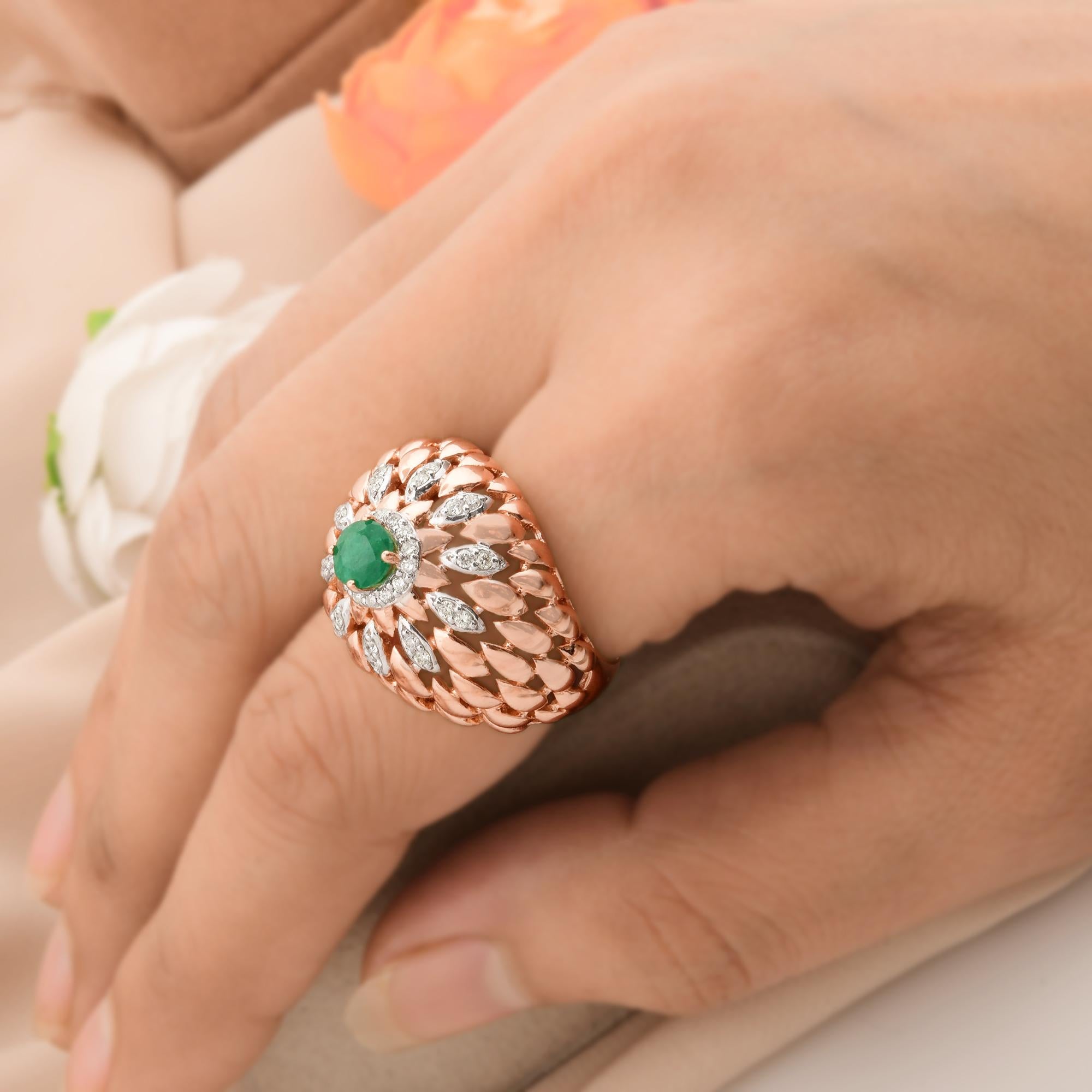 For Sale:  Natural Emerald Gemstone Dome Ring Diamond Pave Solid 18k Rose Gold Fine Jewelry 5