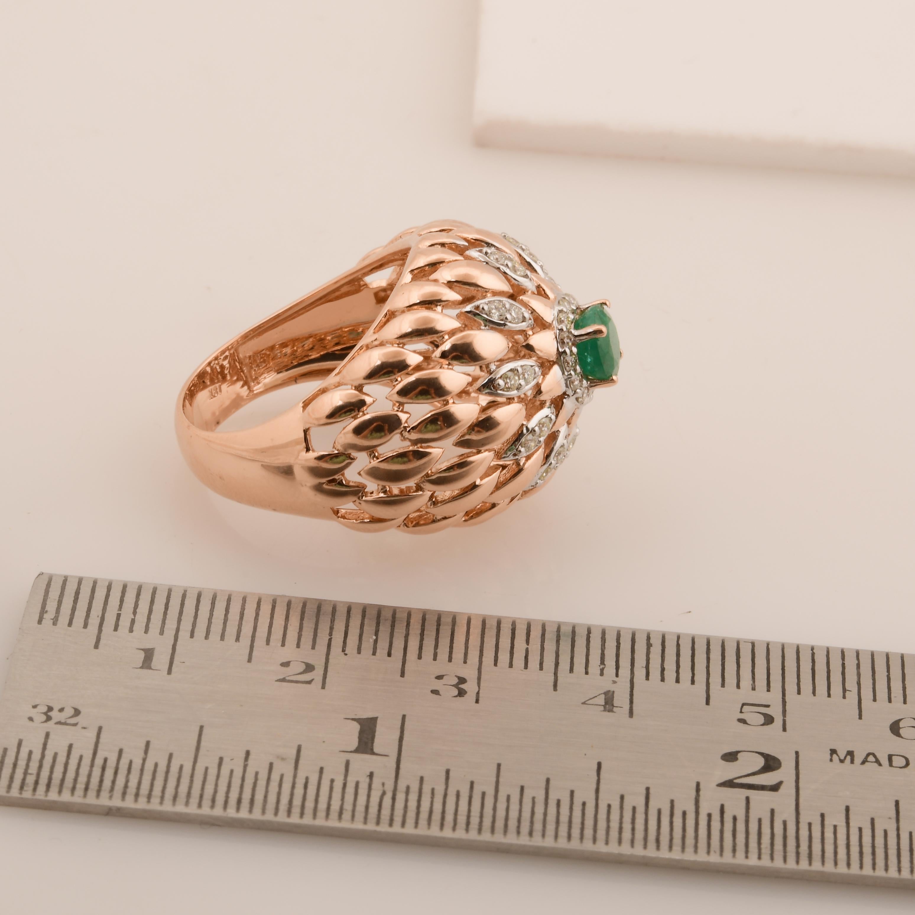 For Sale:  Natural Emerald Gemstone Dome Ring Diamond Pave Solid 18k Rose Gold Fine Jewelry 6