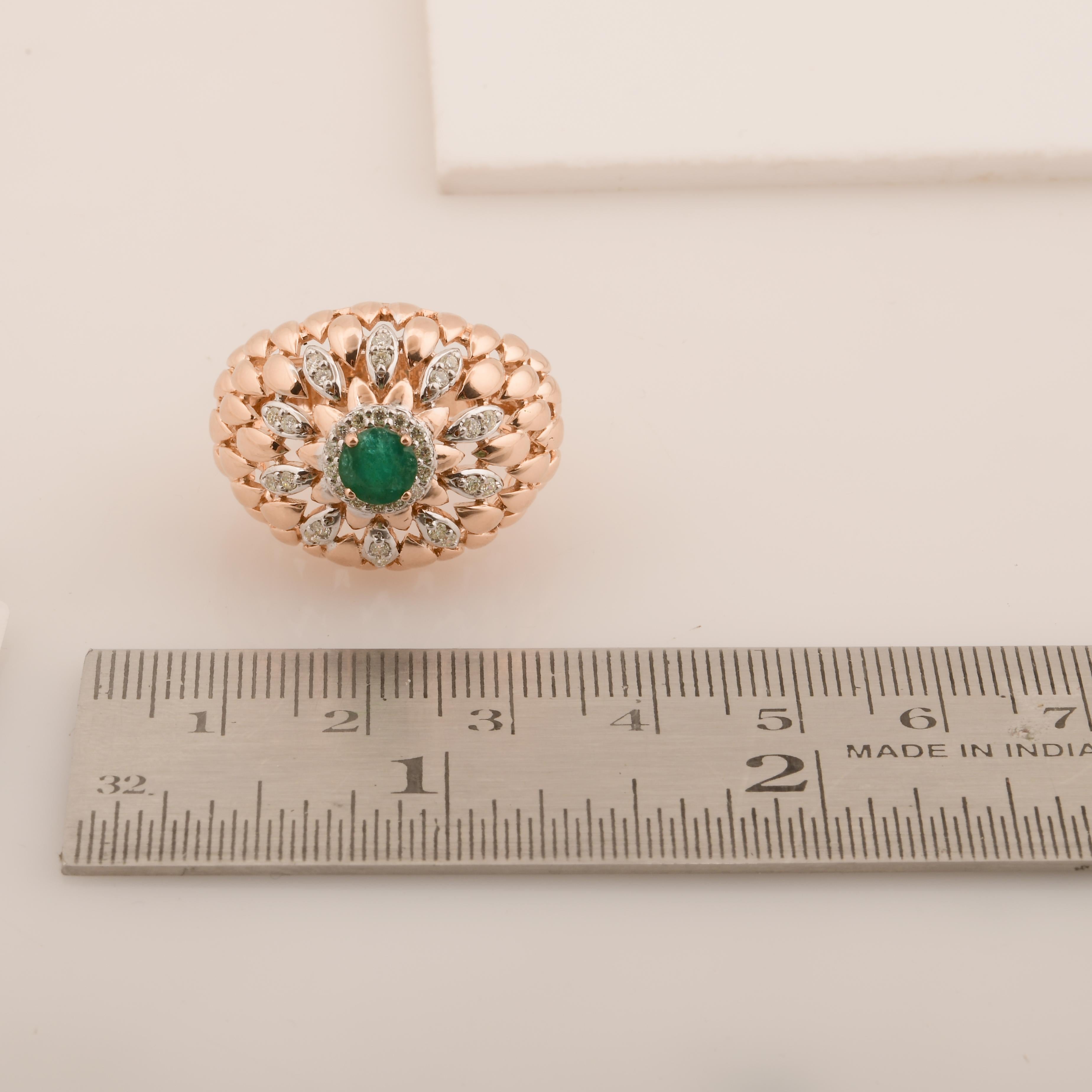 For Sale:  Natural Emerald Gemstone Dome Ring Diamond Pave Solid 18k Rose Gold Fine Jewelry 7