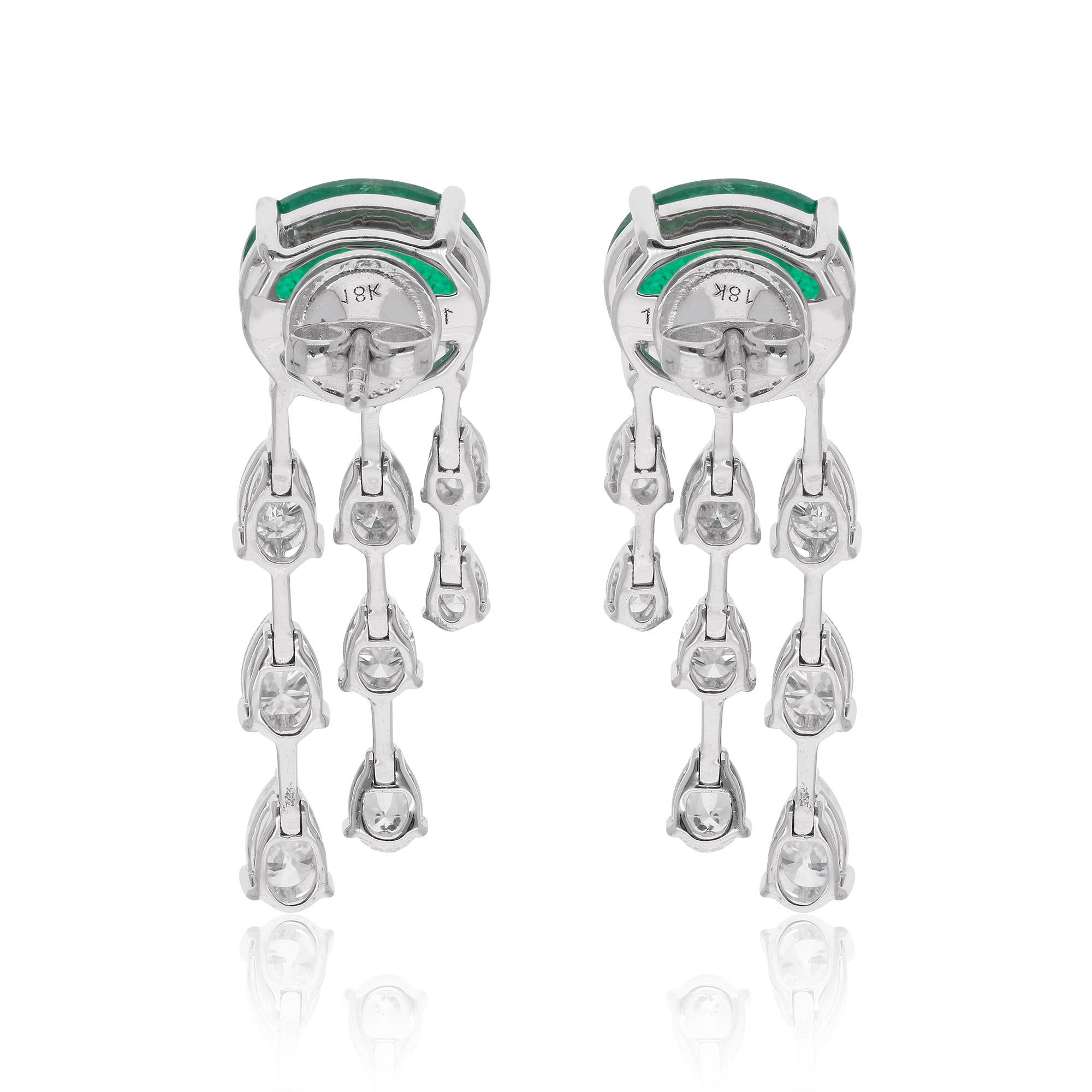 Modern Natural Emerald Gemstone Earrings Pear Diamond 14 Karat White Gold Fine Jewelry For Sale