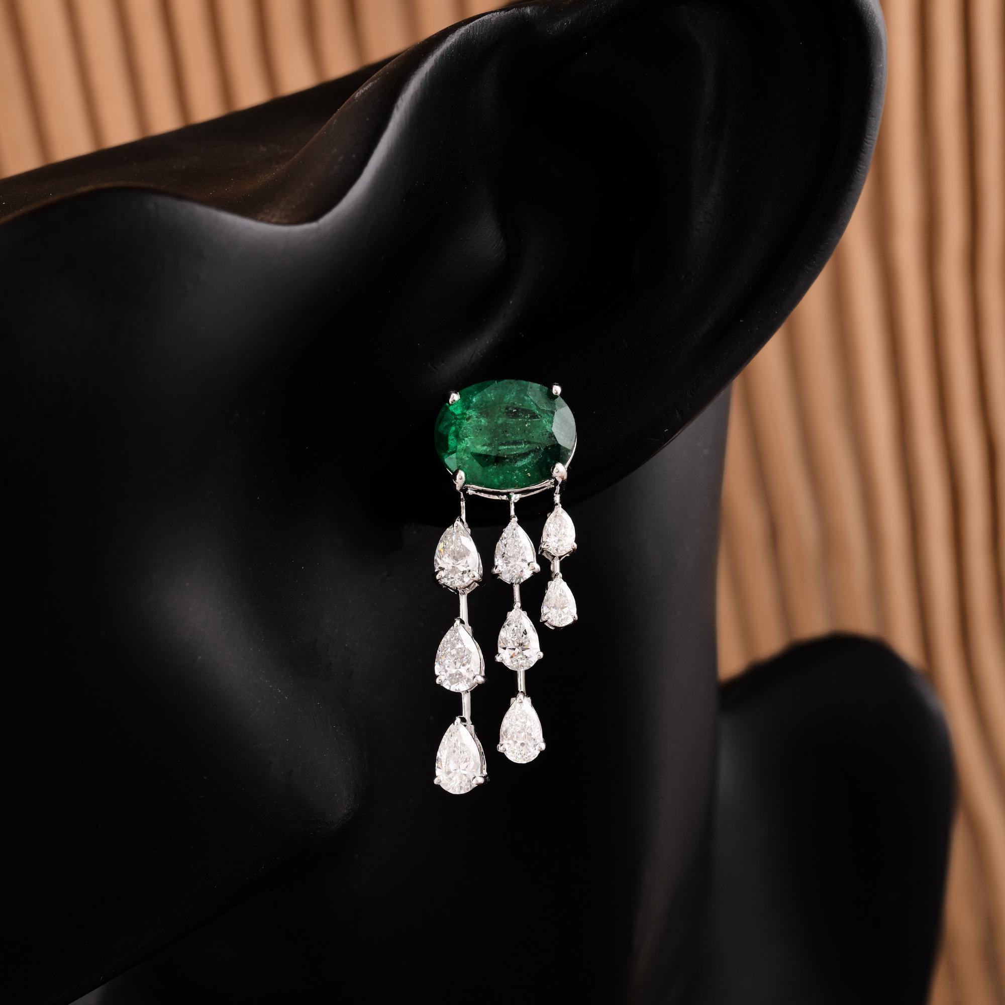 Oval Cut Natural Emerald Gemstone Earrings Pear Diamond 14 Karat White Gold Fine Jewelry For Sale