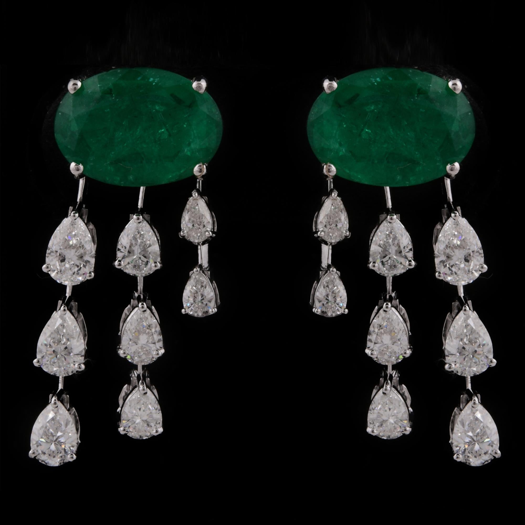 Natural Emerald Gemstone Earrings Pear Diamond 14 Karat White Gold Fine Jewelry For Sale 1