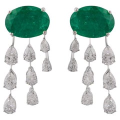 Natural Emerald Gemstone Earrings Pear Diamond 14 Karat White Gold Fine Jewelry