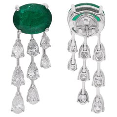Natural Emerald Gemstone Earrings Pear Diamond 14 Karat White Gold Fine Jewelry