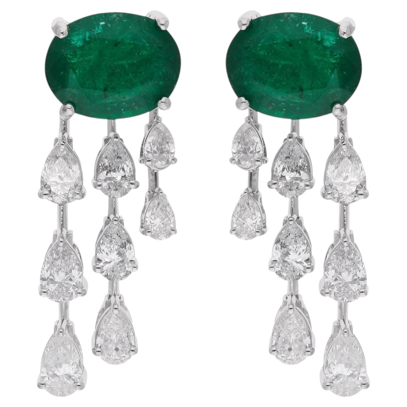 Natural Emerald Gemstone Earrings Pear Diamond 14 Karat White Gold Fine Jewelry