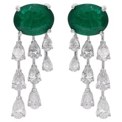 Natural Emerald Gemstone Earrings Pear Diamond 14 Karat White Gold Fine Jewelry