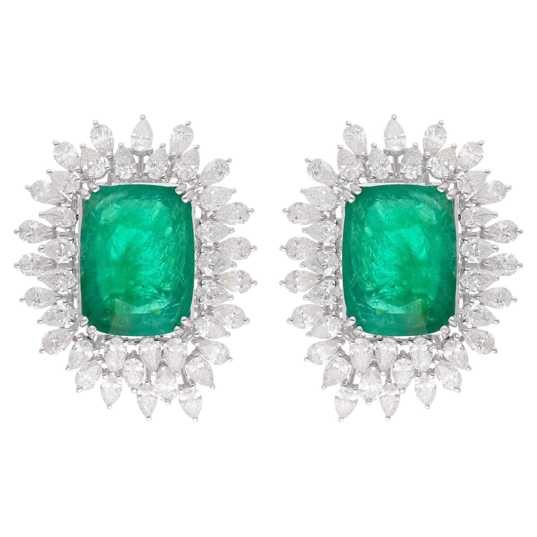 Natural Emerald Gemstone Earrings Pear Diamond 18 Karat White Gold Fine Jewelry