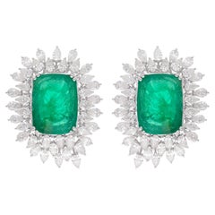 Natural Emerald Gemstone Earrings Pear Diamond 18 Karat White Gold Fine Jewelry
