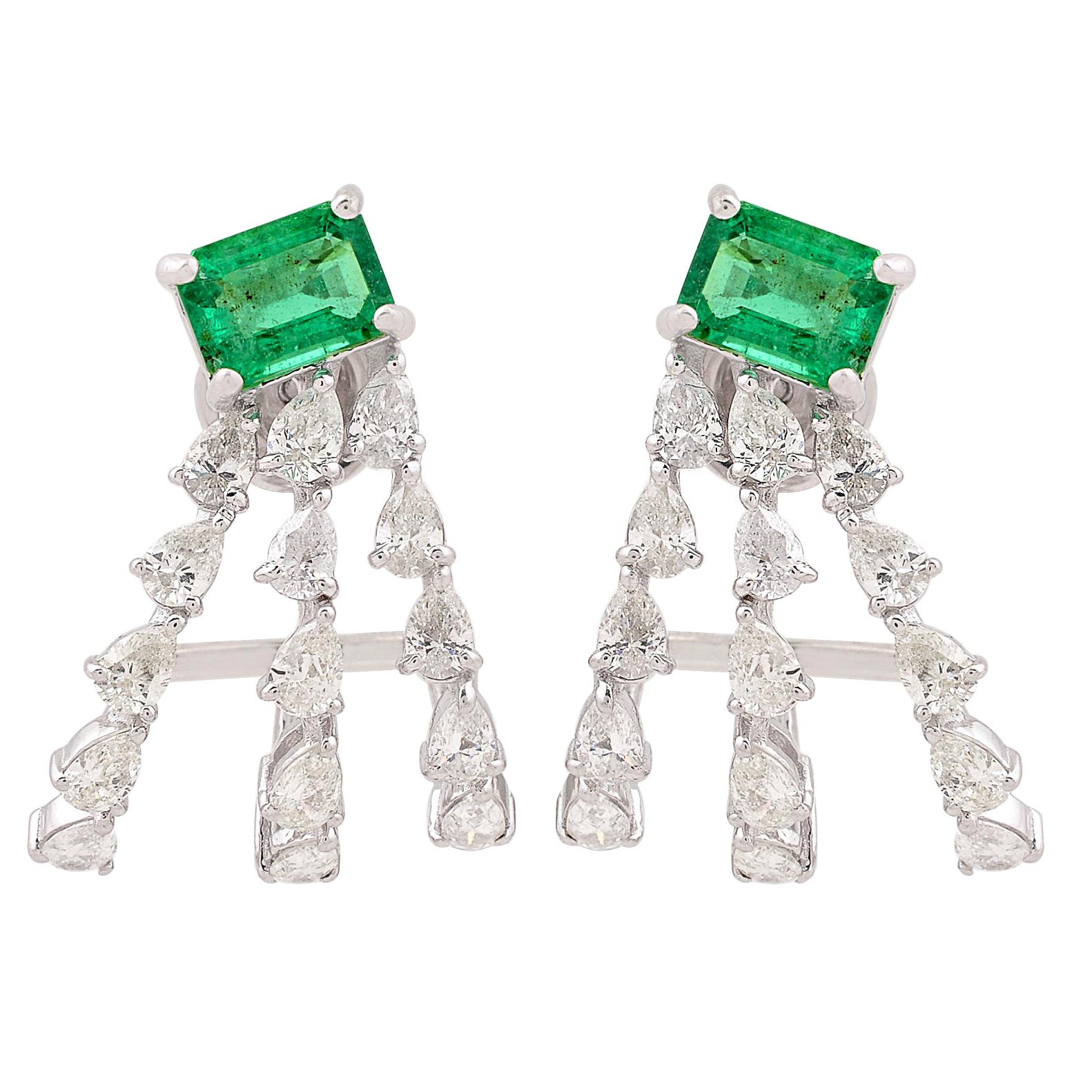 Boucles d'oreilles en or blanc 18 carats avec émeraude naturelle SI/HI diamant Fine Jewelry en vente