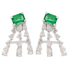 Boucles d'oreilles en or blanc 18 carats avec émeraude naturelle SI/HI diamant Fine Jewelry