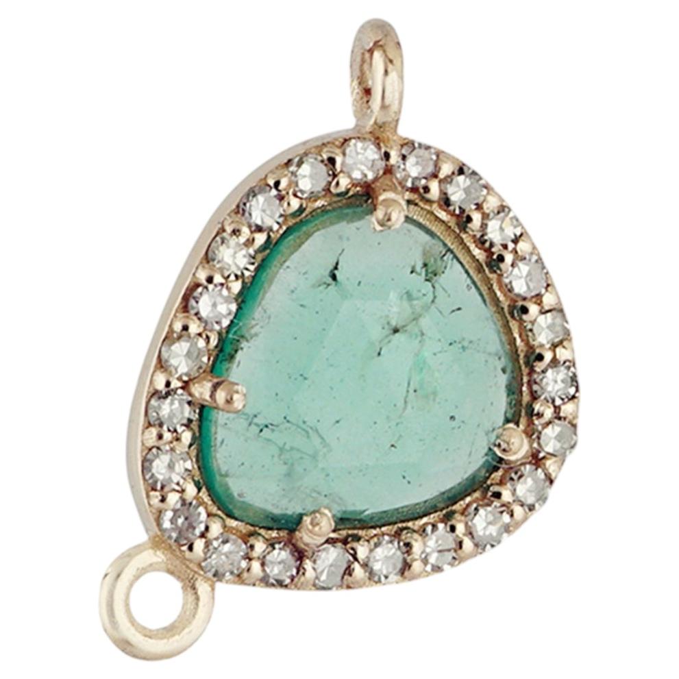 Natural Emerald Gemstone Finding Solid 14k Yellow Gold Pave Diamond Jewelry For Sale