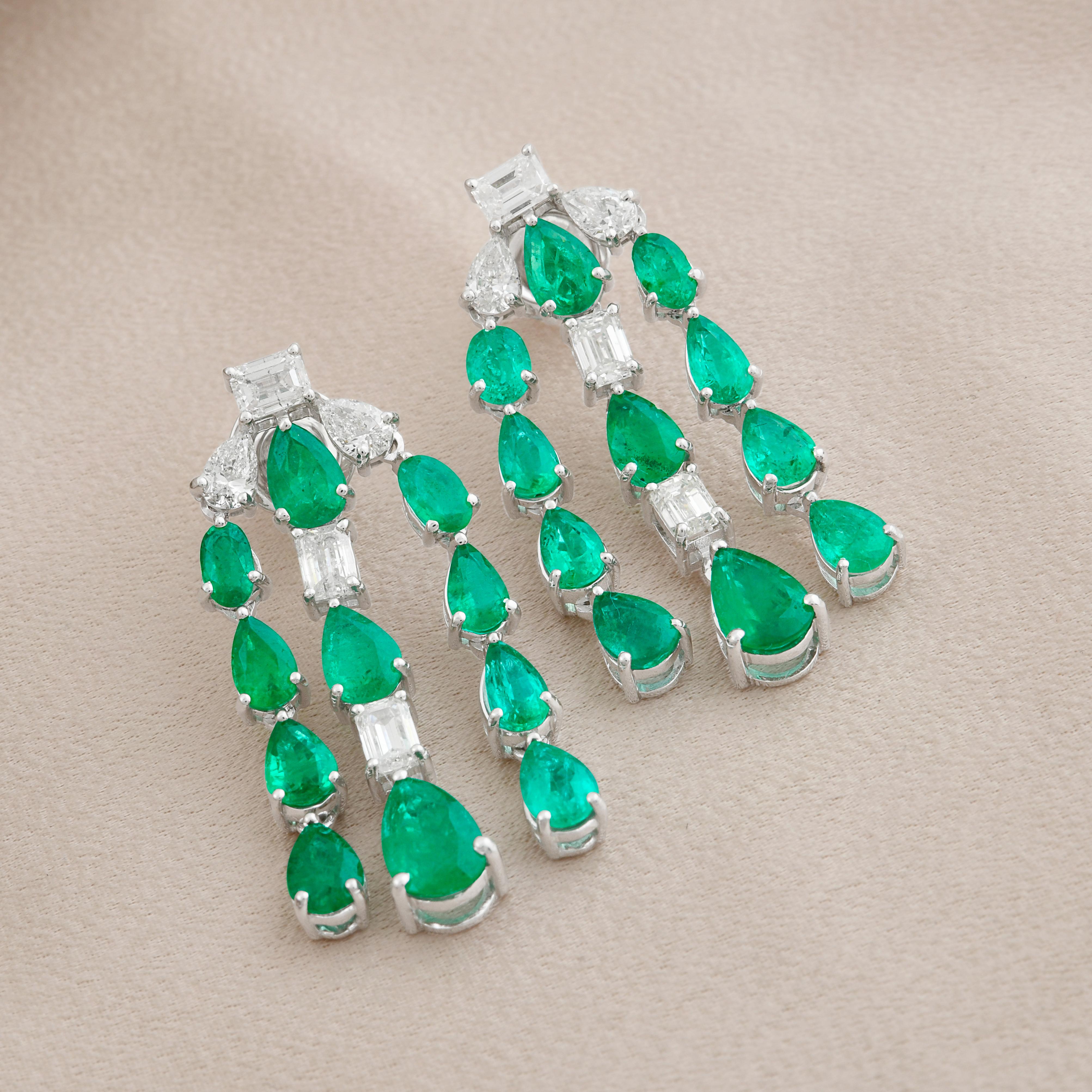 Modern Natural Emerald Gemstone Fine Chandelier Earrings Diamond 14k White Gold Jewelry For Sale