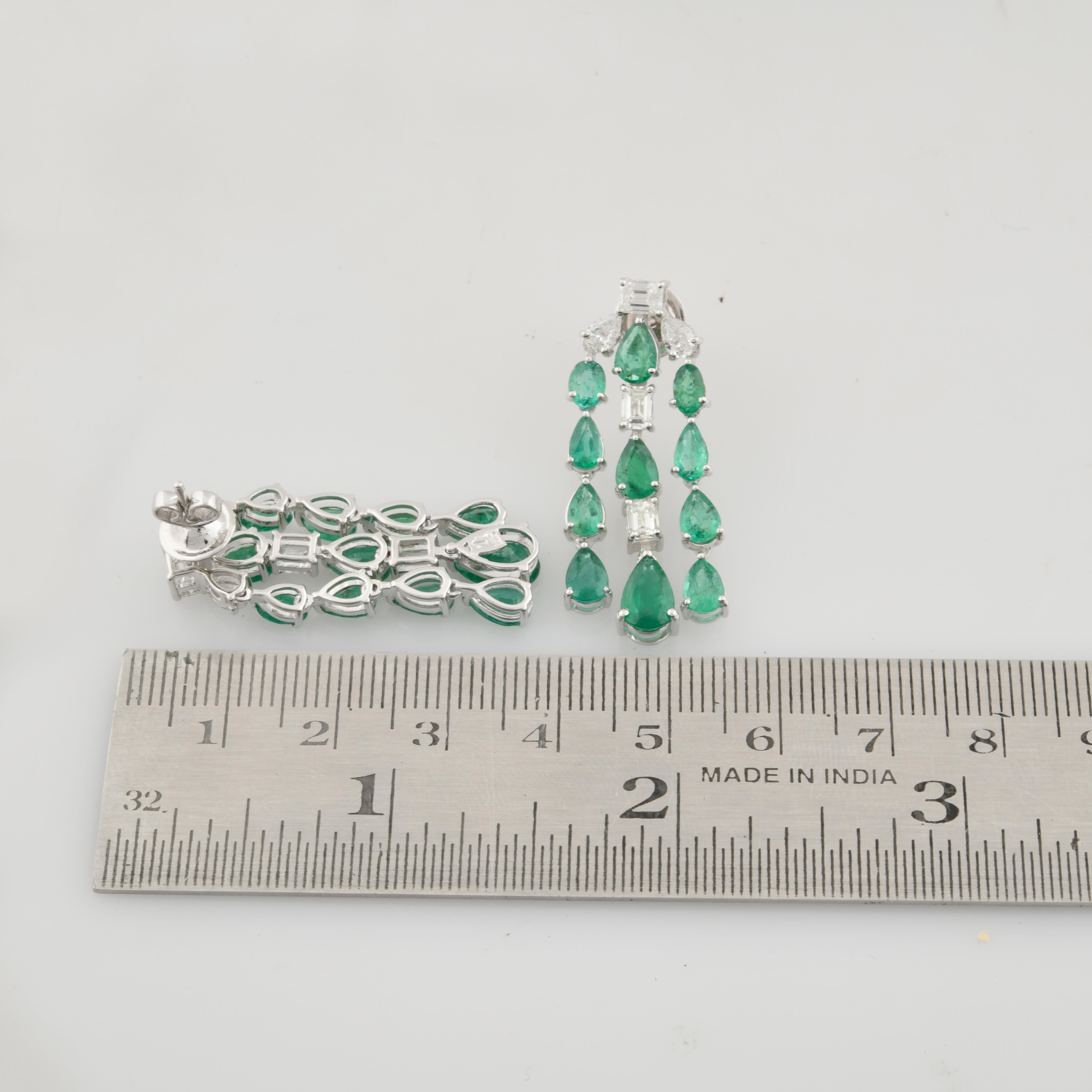 Pear Cut Natural Emerald Gemstone Fine Chandelier Earrings Diamond 14k White Gold Jewelry For Sale