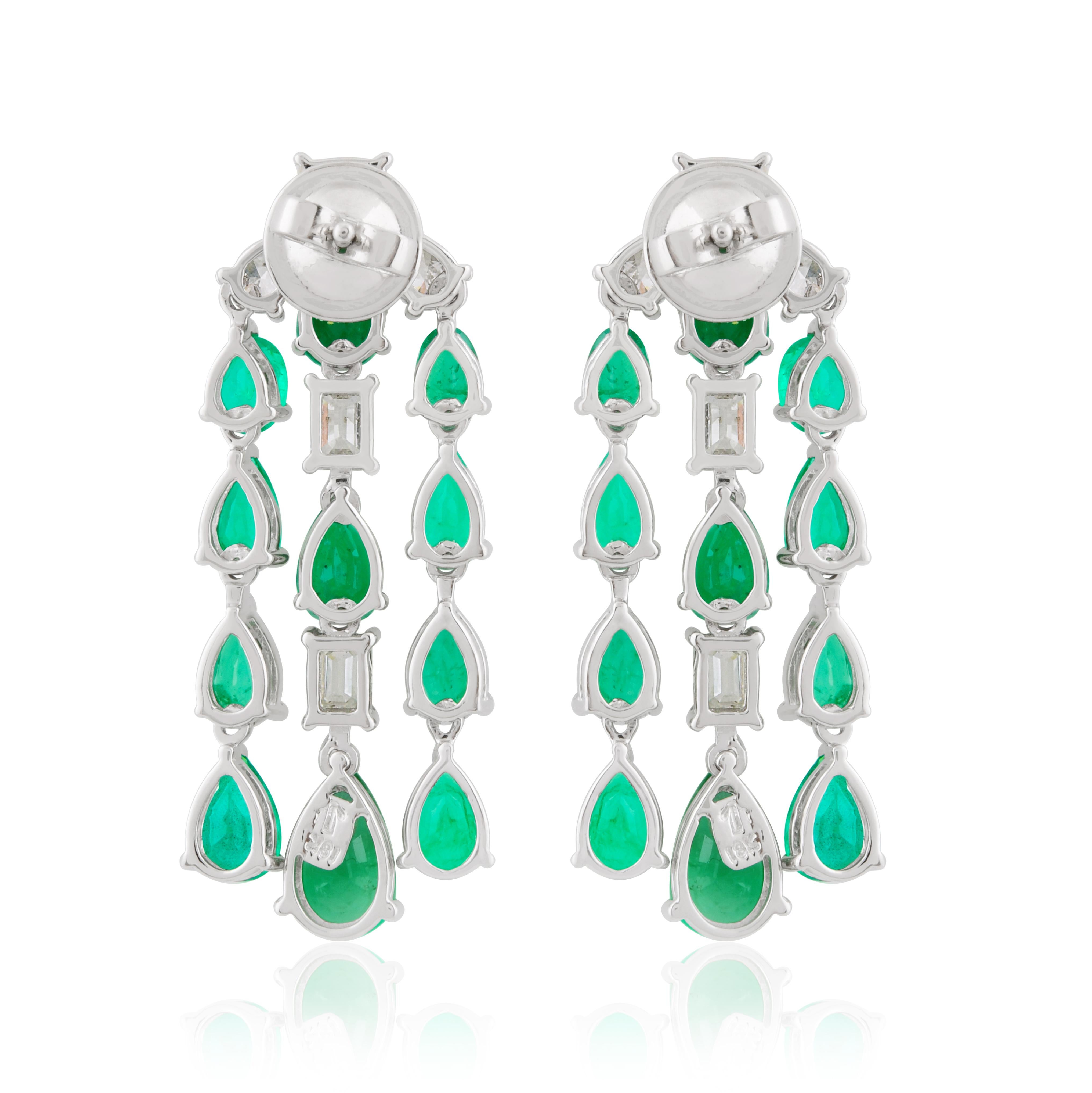 Women's Natural Emerald Gemstone Fine Chandelier Earrings Diamond 14k White Gold Jewelry For Sale