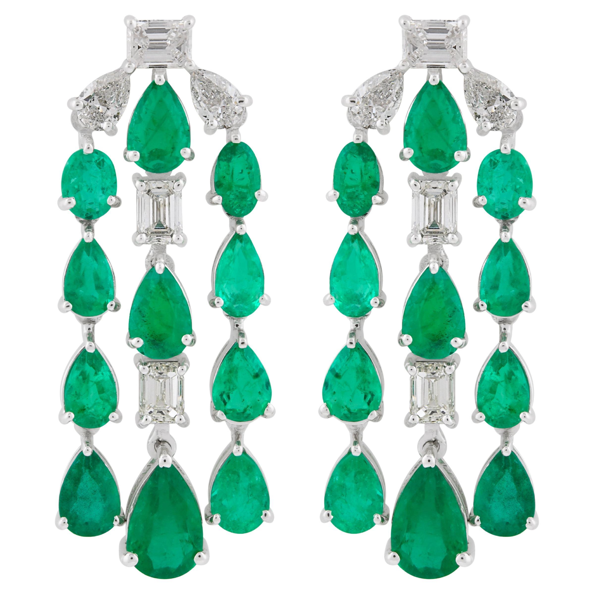 Natural Emerald Gemstone Fine Chandelier Earrings Diamond 14k White Gold Jewelry For Sale