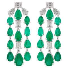 Natural Emerald Gemstone Fine Chandelier Earrings Diamond 14k White Gold Jewelry