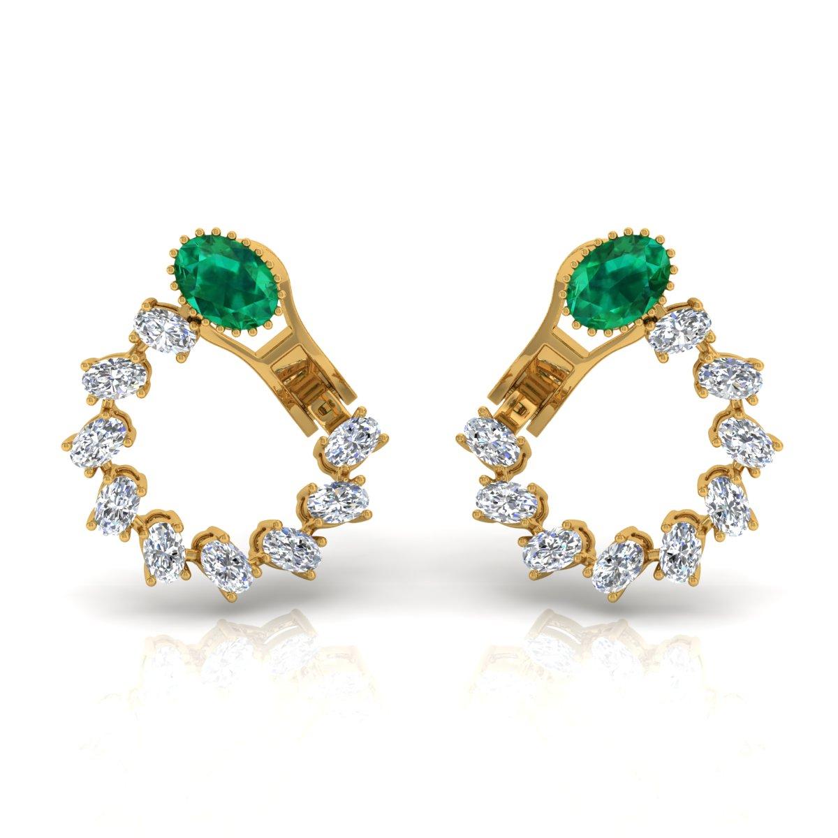 Moderne Boucles d'oreilles fines en or jaune 18 carats avec émeraudes naturelles et diamants en vente