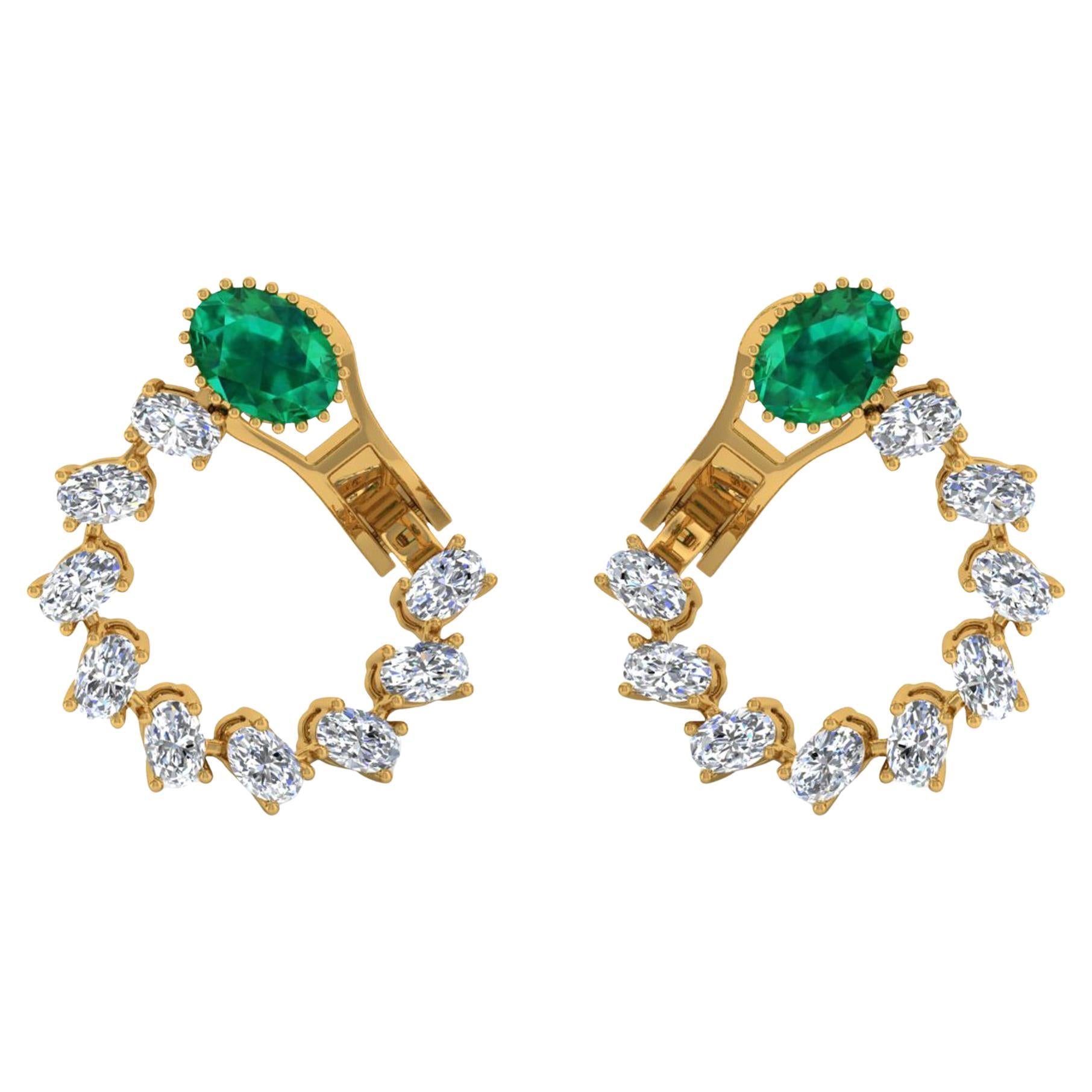 Boucles d'oreilles fines en or jaune 18 carats avec émeraudes naturelles et diamants