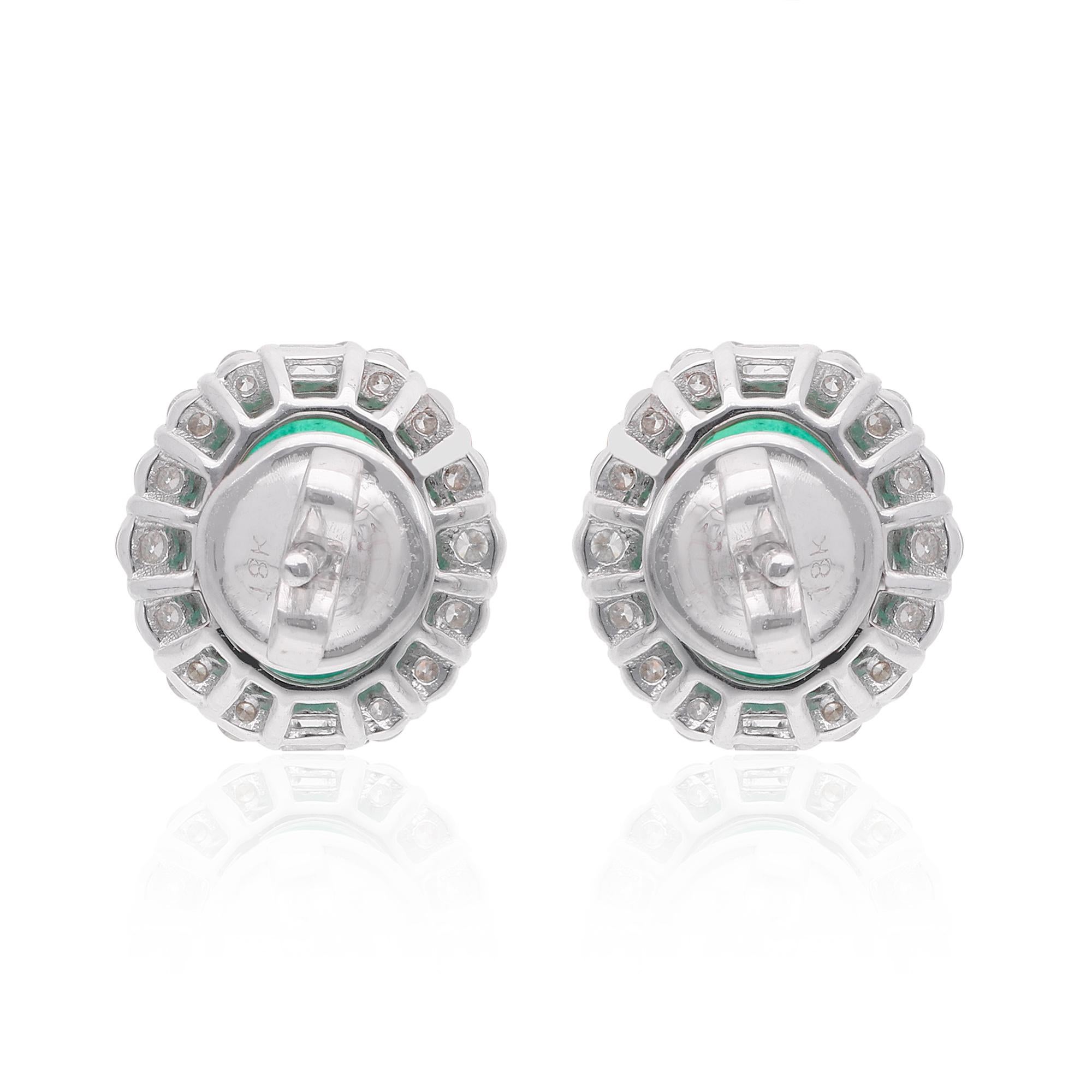Emerald Cut Natural Emerald Gemstone Fine Stud Earrings Baguette Diamond 18 Karat White Gold For Sale