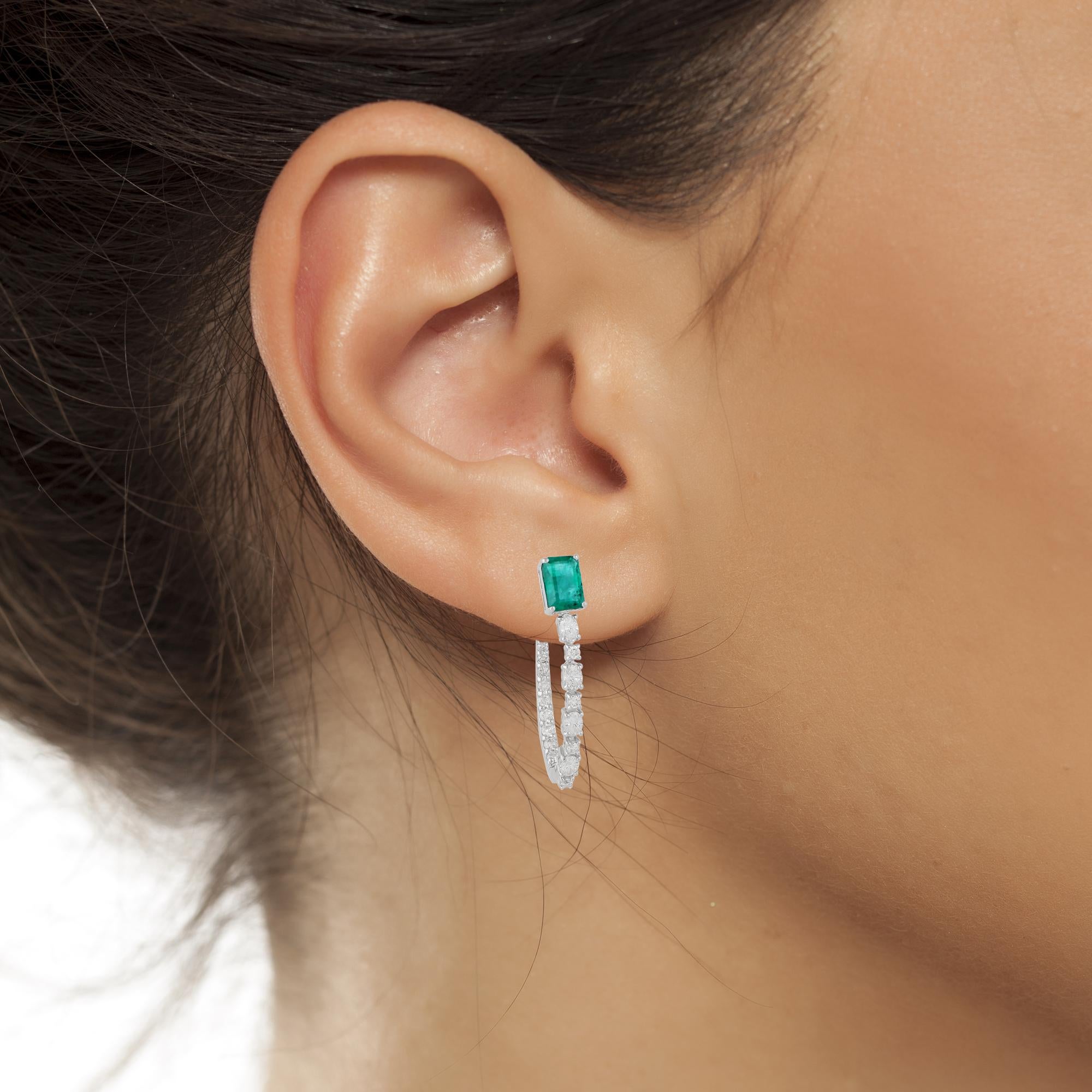 Octagon Cut Natural Emerald Gemstone Hoop Earrings Diamond 18k White Gold Handmade Jewelry For Sale