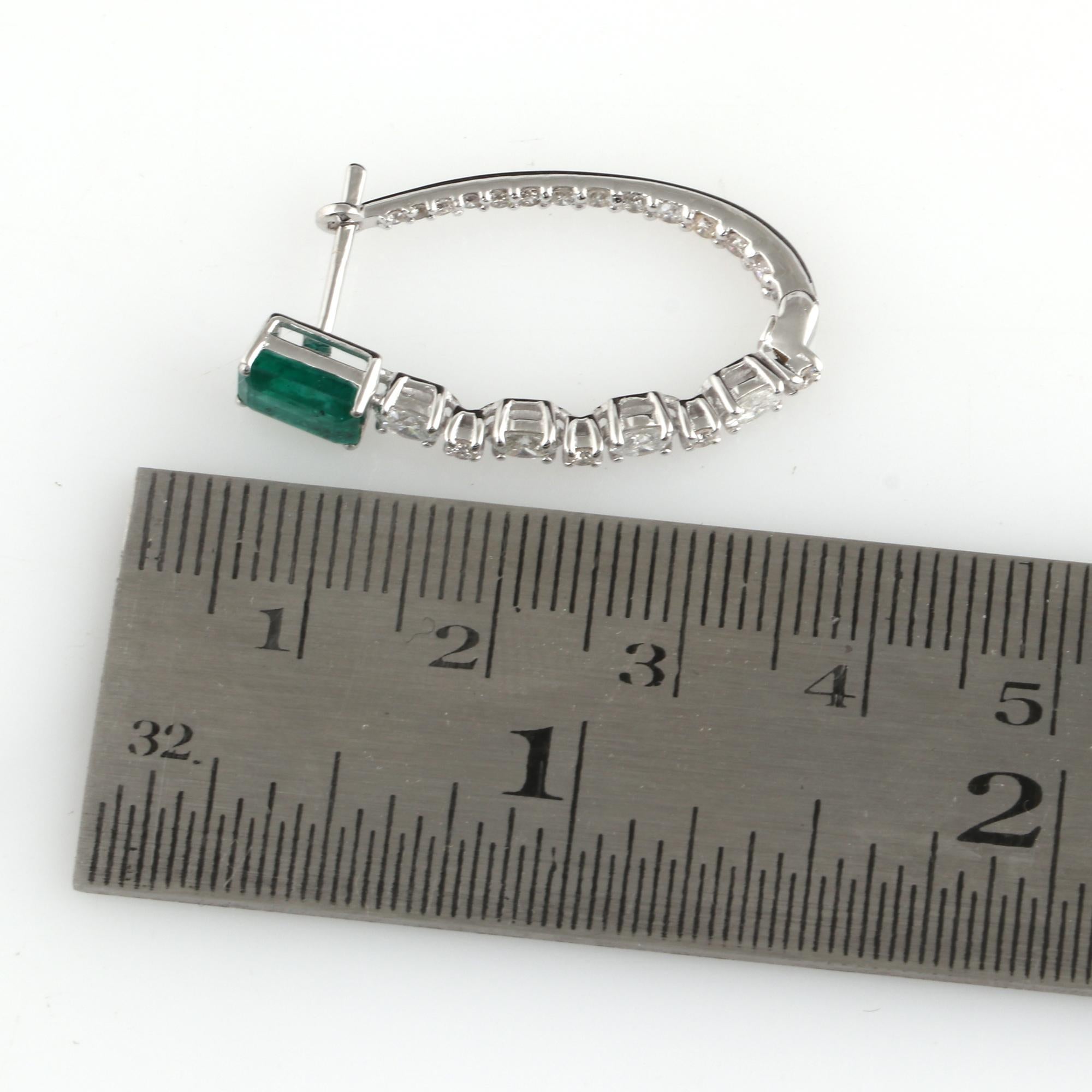 Women's Natural Emerald Gemstone Hoop Earrings Diamond 18k White Gold Handmade Jewelry For Sale