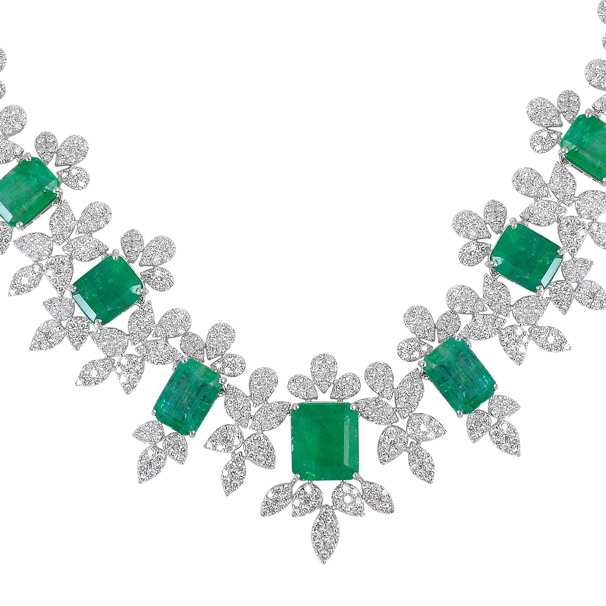 Modern Natural Emerald Gemstone Necklace Diamond Pave 14 Karat White Gold Fine Jewelry For Sale