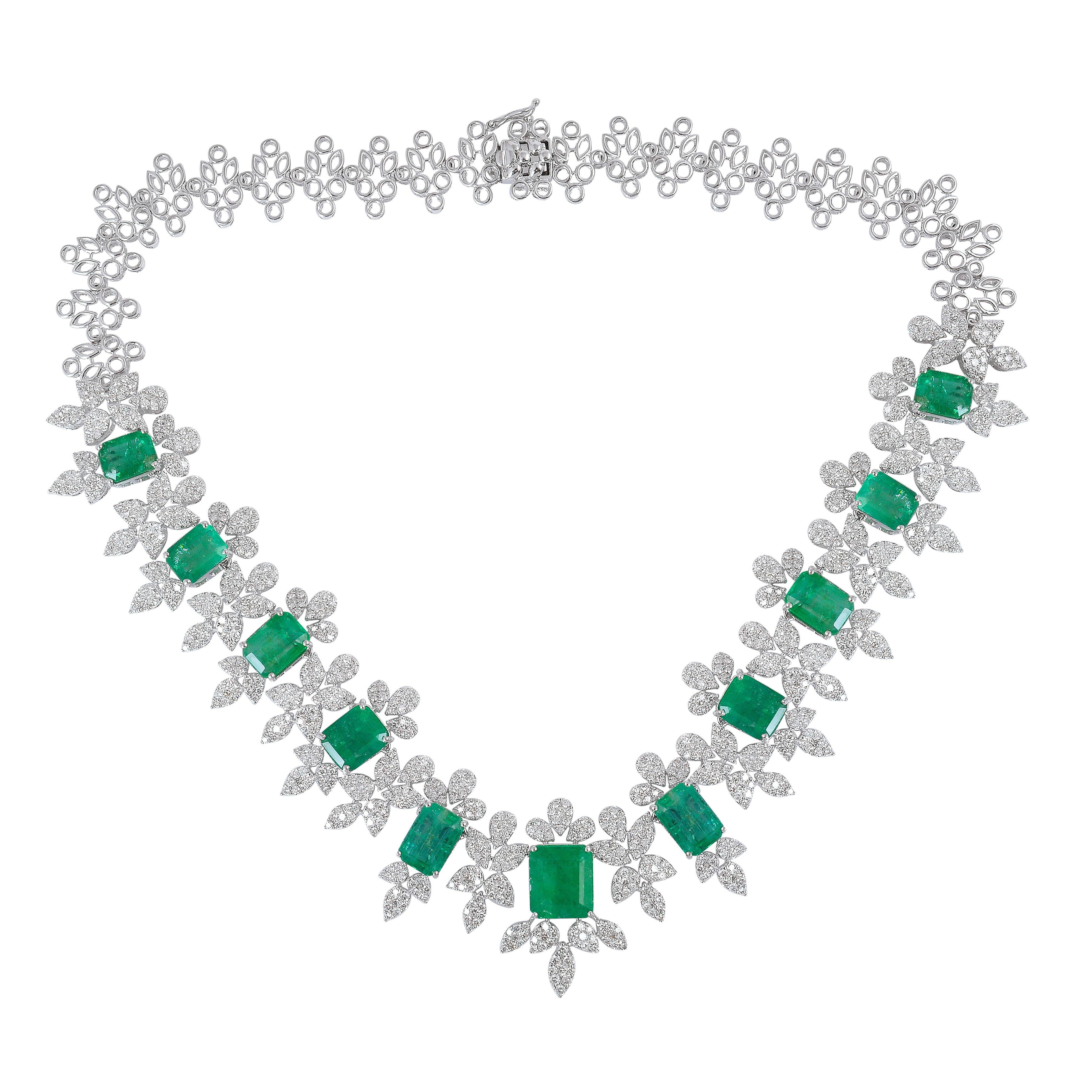 Emerald Cut Natural Emerald Gemstone Necklace Diamond Pave 14 Karat White Gold Fine Jewelry For Sale